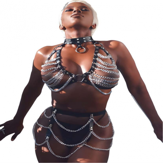 Zincir Detaylı Deri Harness Seti – BDSM Fantezi Kıyafeti